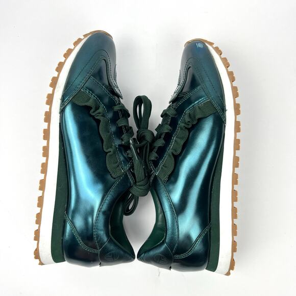 Tory Burch Sport Womens Sneaker Trainer Ruffle Metallic Green Leather Size 6.5 - Picture 7 of 12